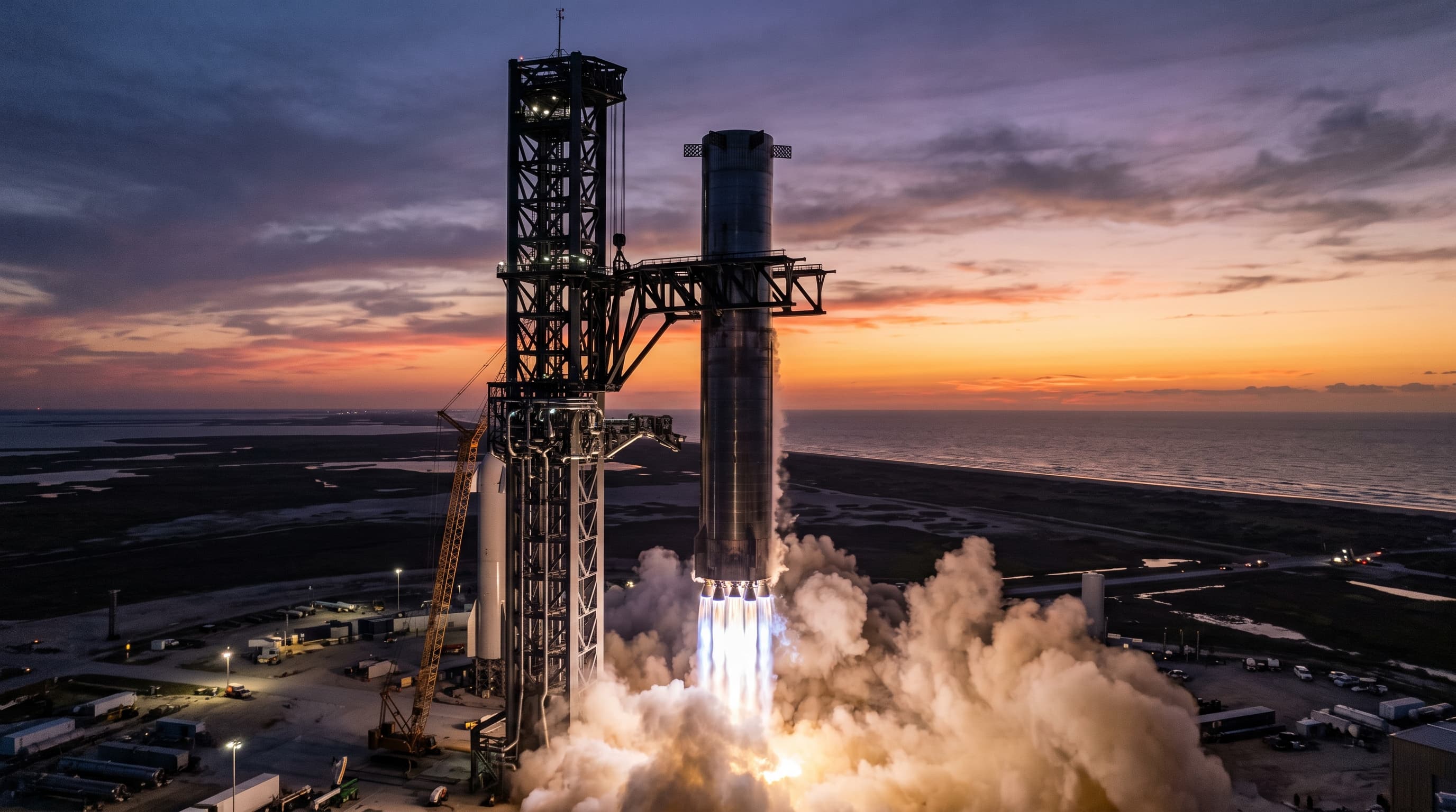 Concept render of a Super Heavy booster descending on its engines into the arms of the launch tower at sunset