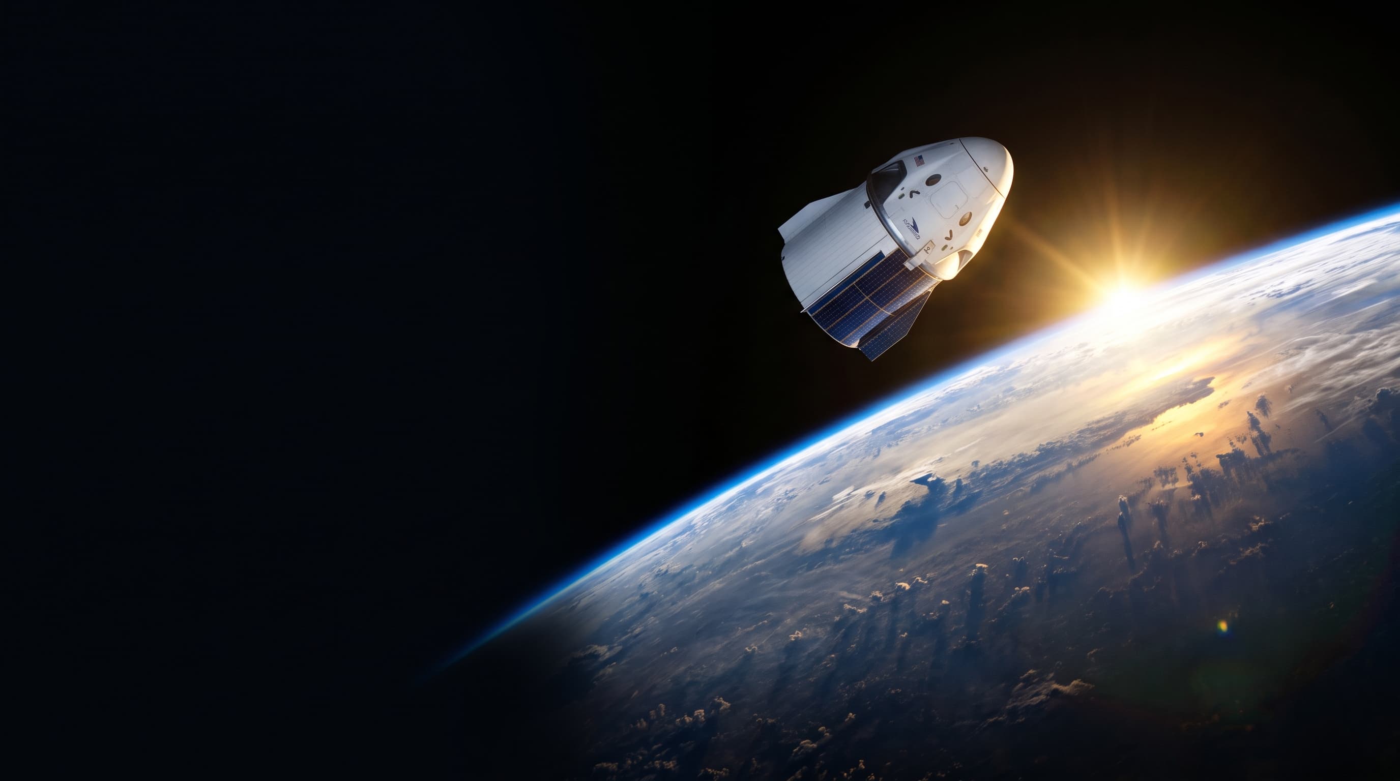 Concept render of a Dragon capsule in orbit as the sun rises over the curve of the Earth