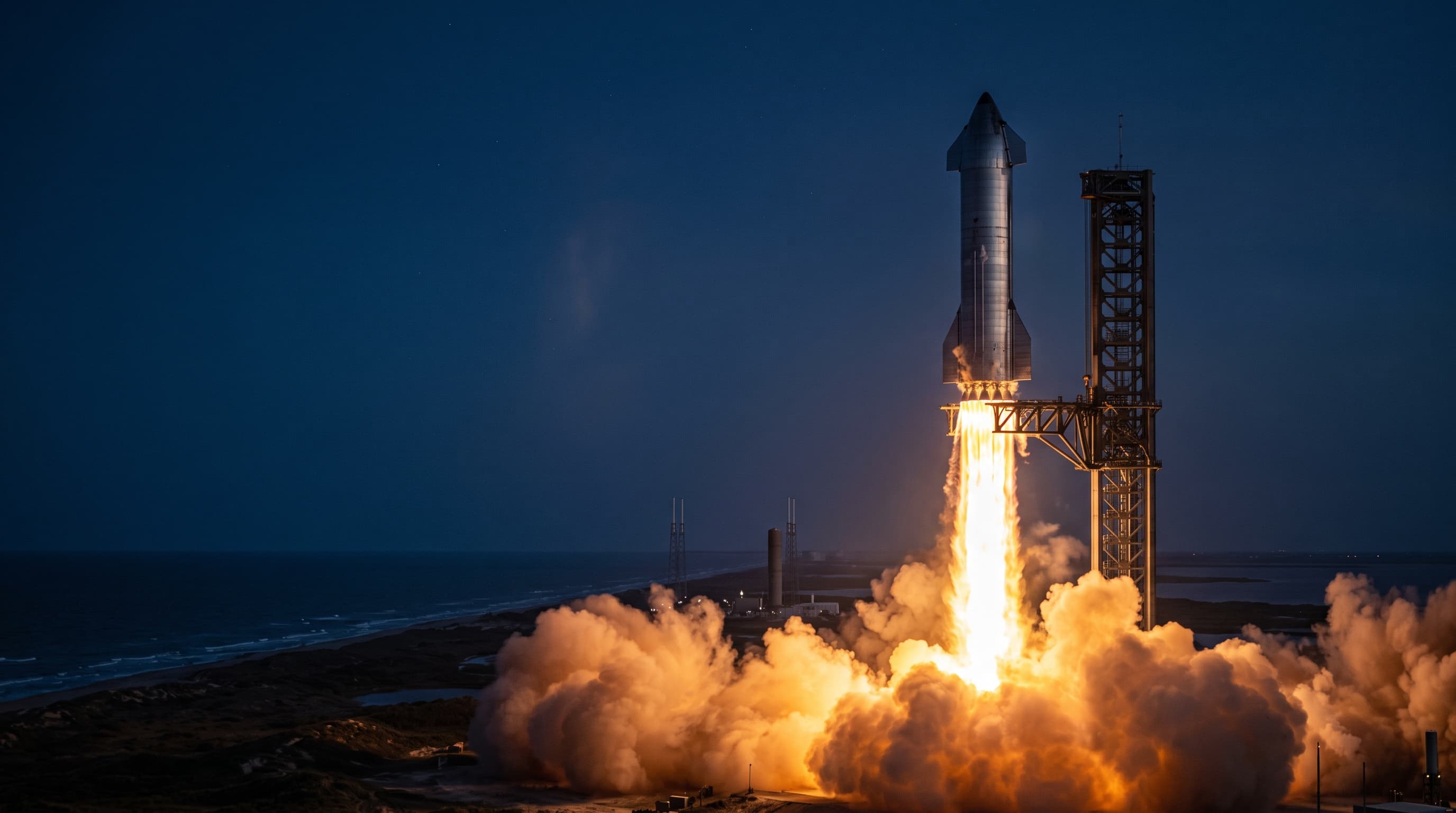 Concept render of Starship lifting off beside its launch tower at dusk