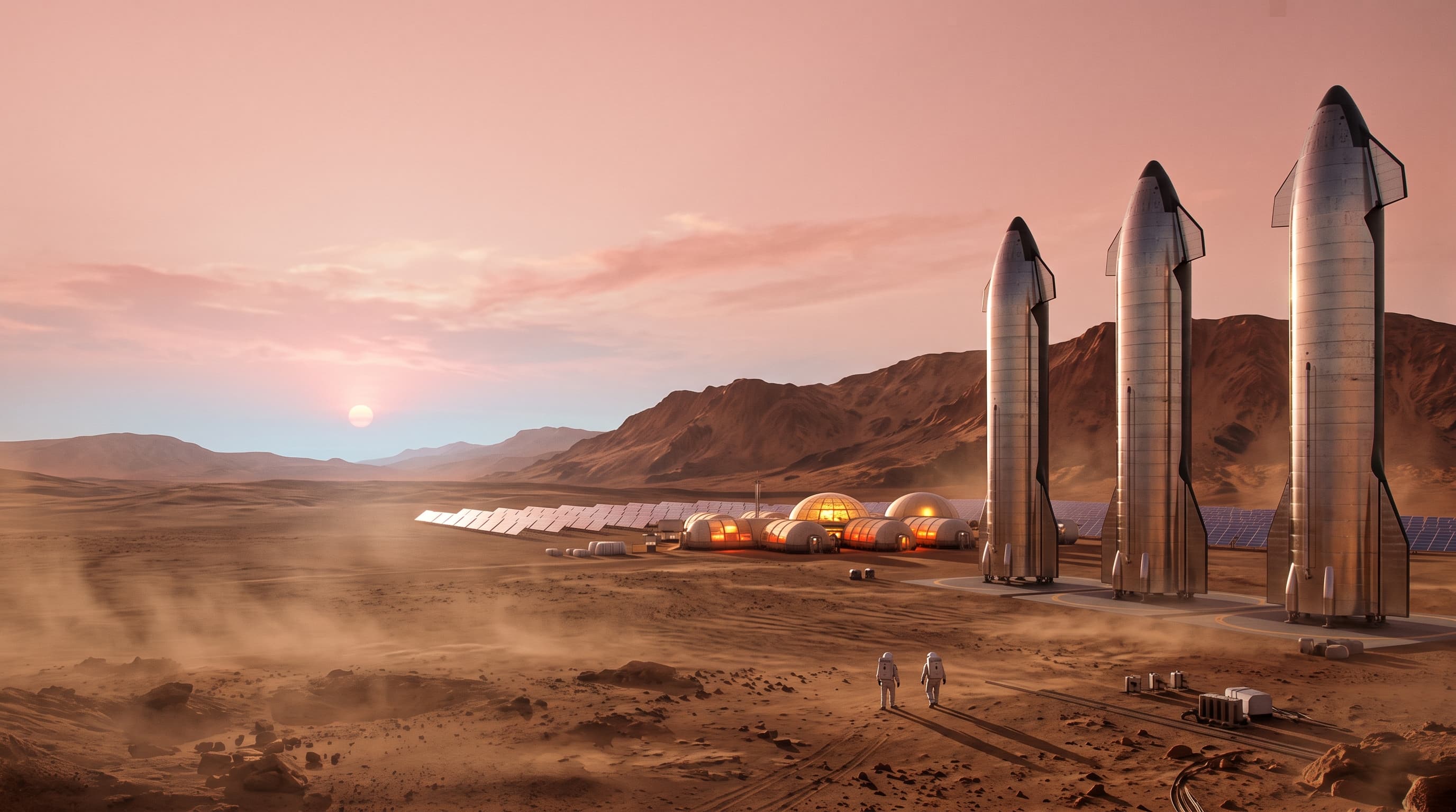 Concept render of three Starships standing on Mars at dawn beside glowing habitat domes, with two astronauts walking in the foreground
