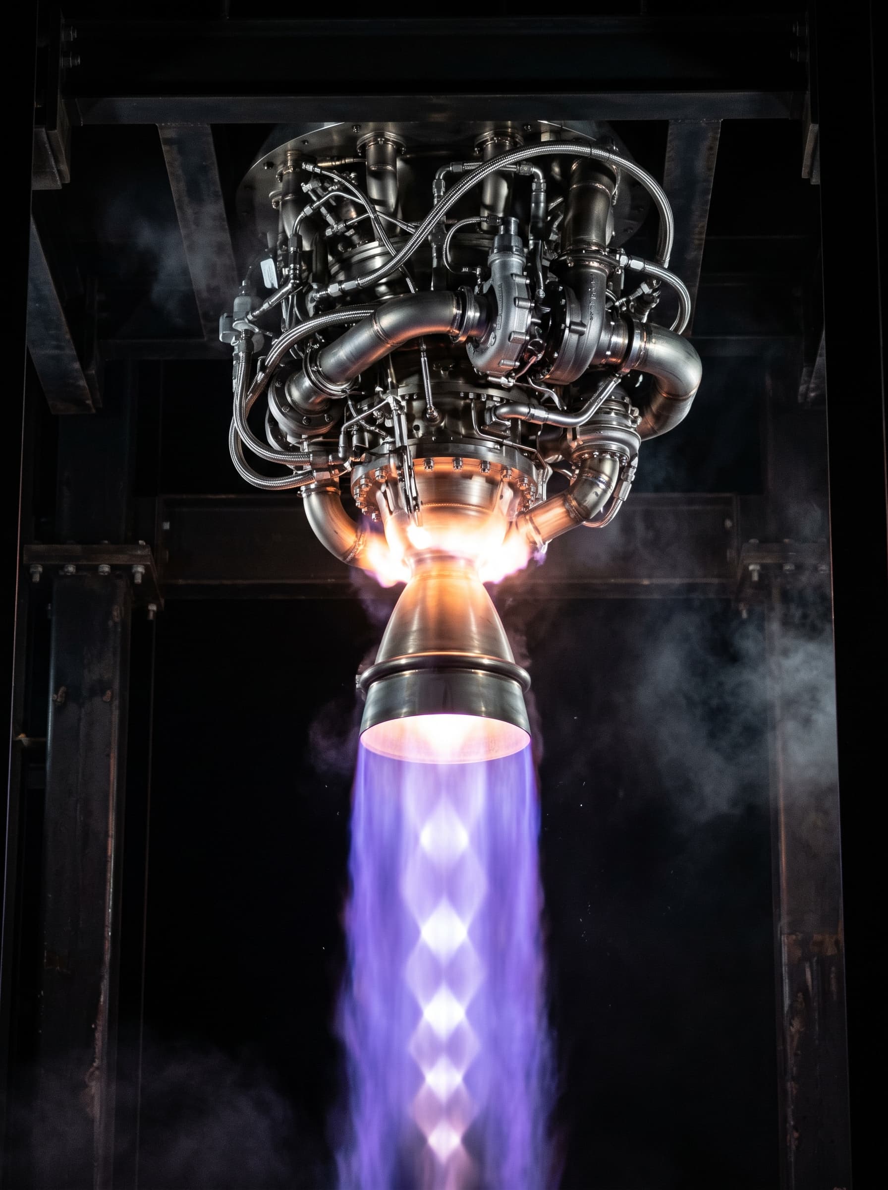 Concept render of a methane-fuelled rocket engine firing on a test stand, its violet exhaust full of shock diamonds